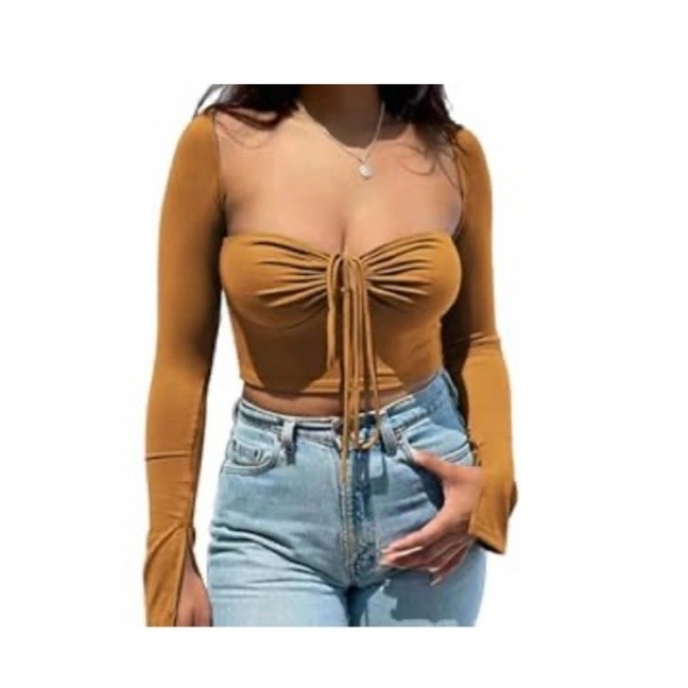 Elegant Long Sleeve Women's Halter Criss Cross Tie Up Cut Up Crop Top